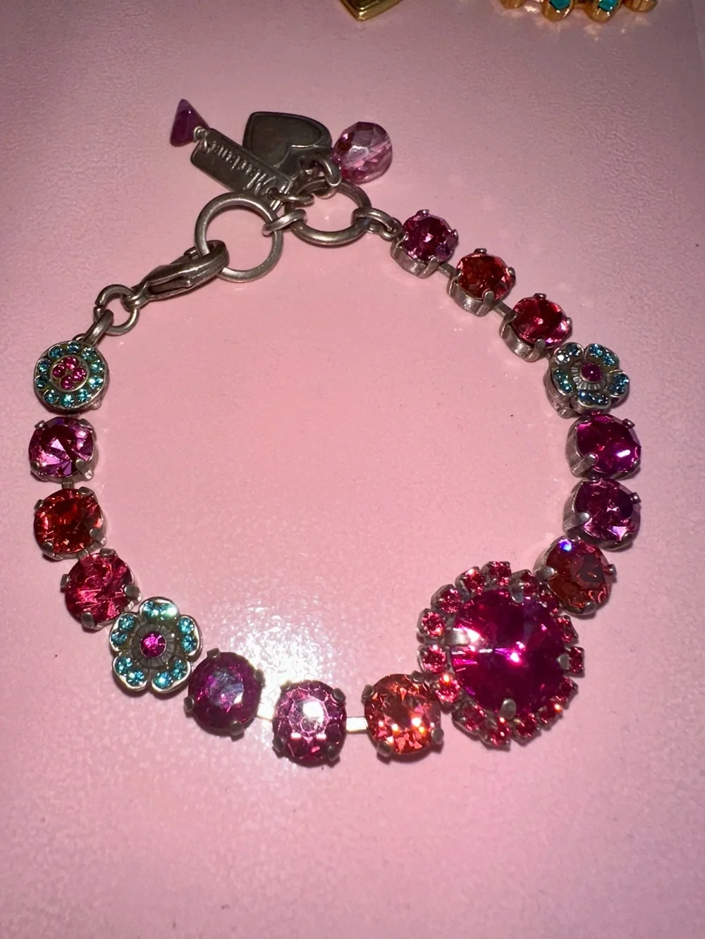 Mariana Rivoli Center Pink Crystal Bracelet with aquamarine flower clusters